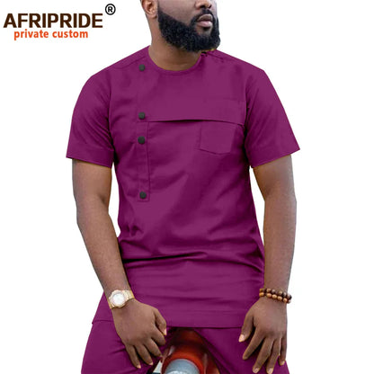 Men Clothing Ankara Pants Set, Dashiki Shirt 2 Piece Outfit, Crop Top Attire Short Sleeve Casual