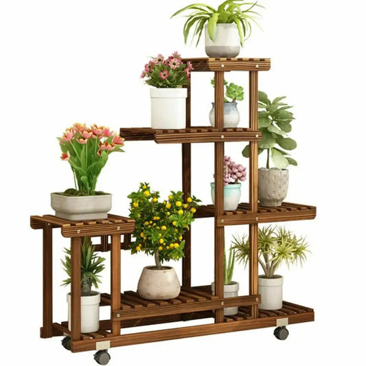 Multi-Layer Wood Plant Stand Rack, Outdoor Indoor Rolling Flower Pot Holder with Wheels