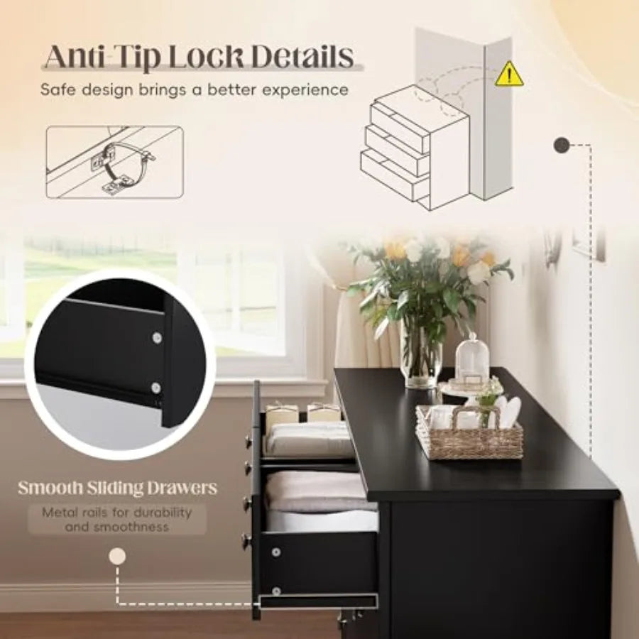 Black Dresser for Bedroom, 6 Wood Dresser Drawers, Wide Chest of Drawers Storage, Tower Unit Modern Design for Bedroom Living Room