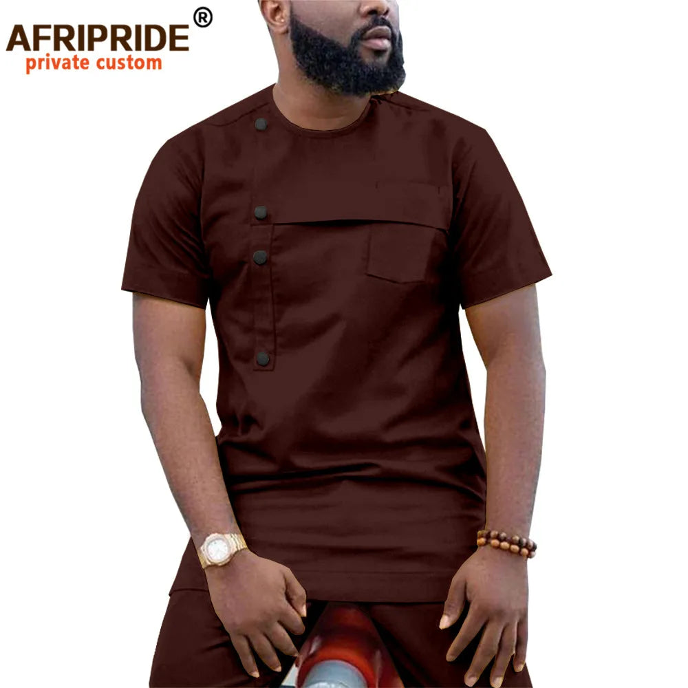 Men Clothing Ankara Pants Set, Dashiki Shirt 2 Piece Outfit, Crop Top Attire Short Sleeve Casual