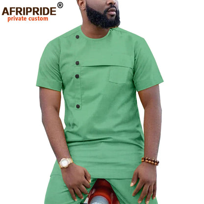 Men Clothing Ankara Pants Set, Dashiki Shirt 2 Piece Outfit, Crop Top Attire Short Sleeve Casual