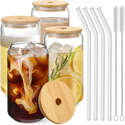 4PCS 16OZ Glass\Cups With Bamboo Lids And Straws, Ice Coffee Cup, Home Essential Glass Tumblers For Beer, Cocktail, Tea And Latte Clear.