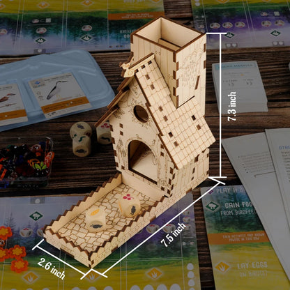 Bird Feeder Dice Tower with Tray, Wood Laser Cut Perfect for Wingspan, and Other Tabletop Games