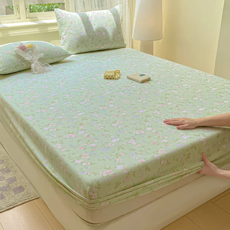 Double Yarn Pure Cotton Fitted Sheet, Soft Comfy Floral Printed Mattress Protector, Grade A Skin Friendly Elastic Bed Sheet