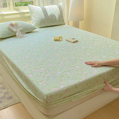 Double Yarn Pure Cotton Fitted Sheet, Soft Comfy Floral Printed Mattress Protector, Grade A Skin Friendly Elastic Bed Sheet