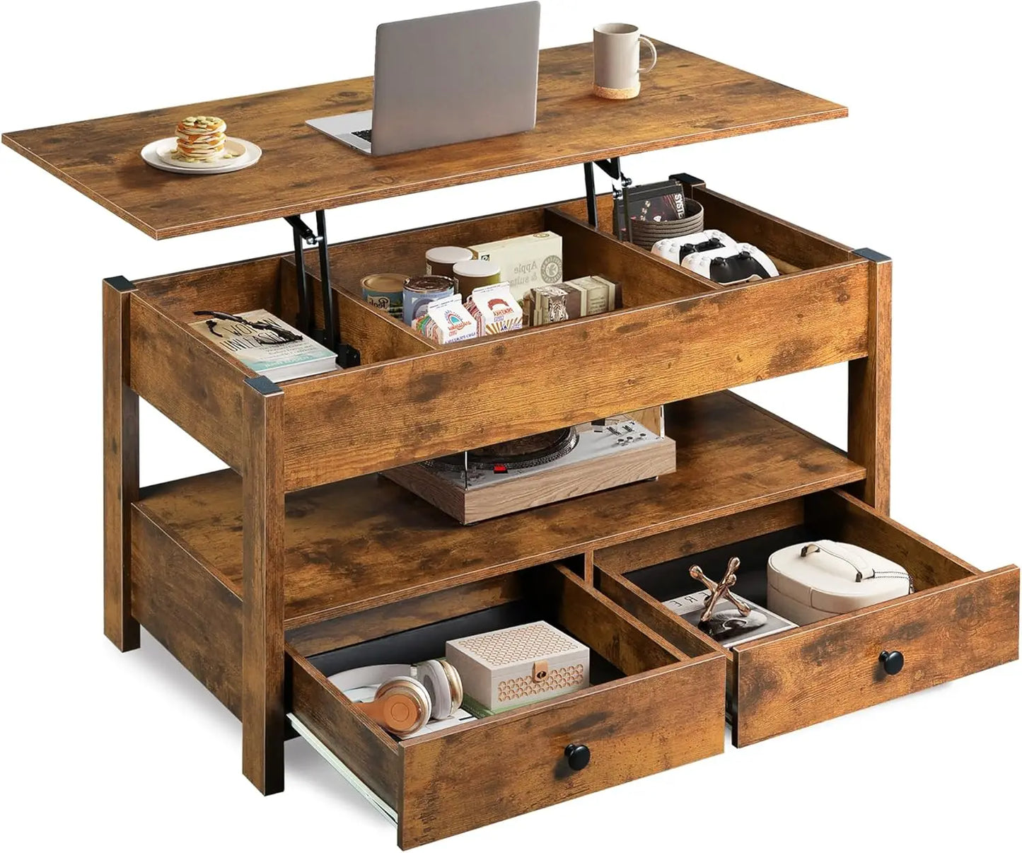 Black Lift Top Coffee Table with 2 Drawers LED Light - Large Storage Open Shelf for Living Room Modern Home Furniture