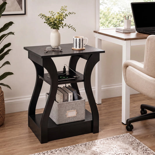 3 Tier Curved Living Room Cabinet End Table with Charging Station, Storage Shelf with USB Type-C Port AC Outlets for Bedroom