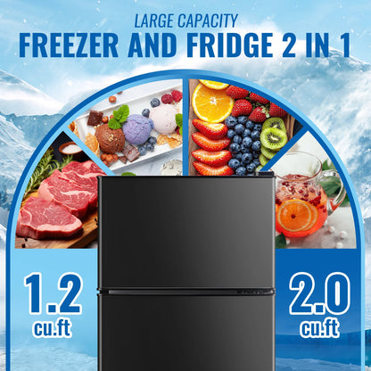 Mini Refrigerator with Top Freezer 66 Liter Dual Door, with 7-Level Adjustable Thermostat for Office, BLACK