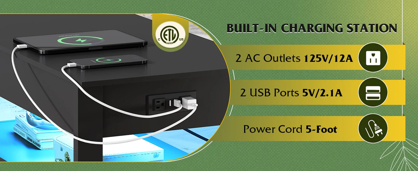 Black Lift Top Coffee Table with 2 Drawers LED Light - Large Storage Open Shelf for Living Room Modern Home Furniture