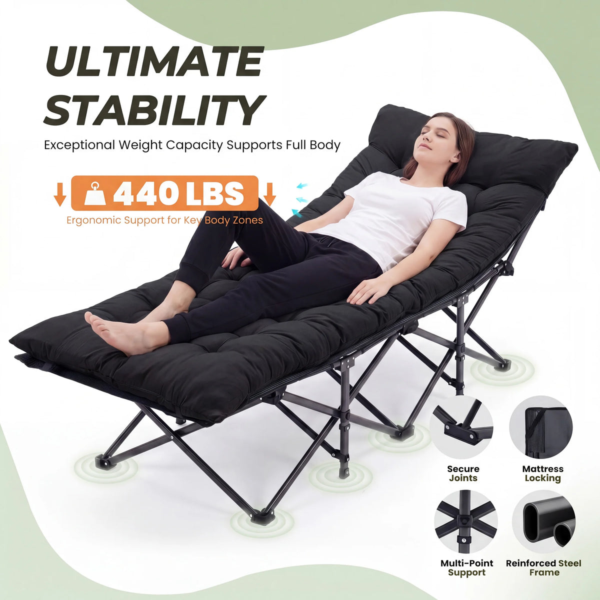 Folding Camping Beach Lounge Chair, Portable 3.5'' Cushion, 440 lbs Sturdy Frame Compact Carry With Storage Bed for Outdoor