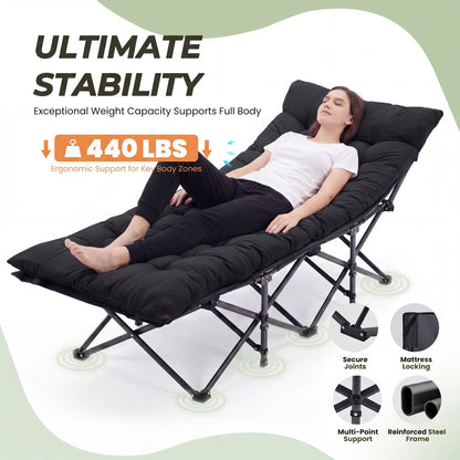 Folding Camping Beach Lounge Chair, Portable 3.5'' Cushion, 440 lbs Sturdy Frame Compact Carry With Storage Bed for Outdoor