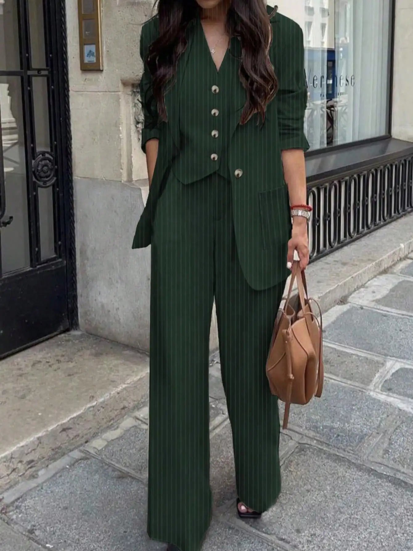 3 Piece Sets Women's Casual  Striped Jacket, Pants, Vest 3-Piece Suit Set, Spring/Summer