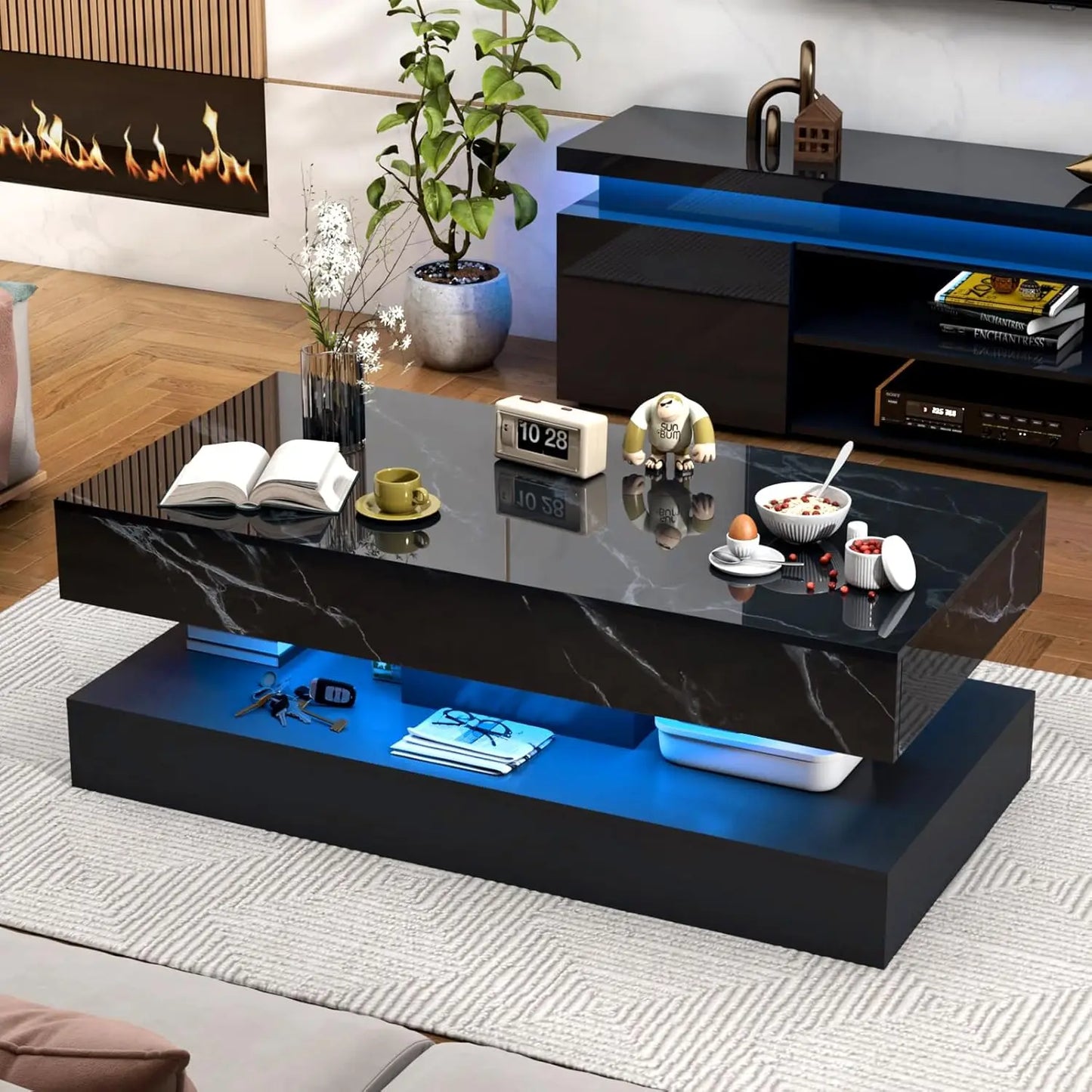 Modern Stylish Coffee Table with LED lights, Double-Layer Design for Living Room, Coffee Table with 2 Storage Drawers