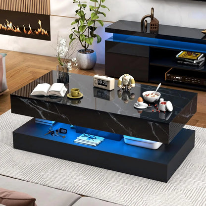 Modern Stylish Coffee Table with LED lights, Double-Layer Design for Living Room, Coffee Table with 2 Storage Drawers
