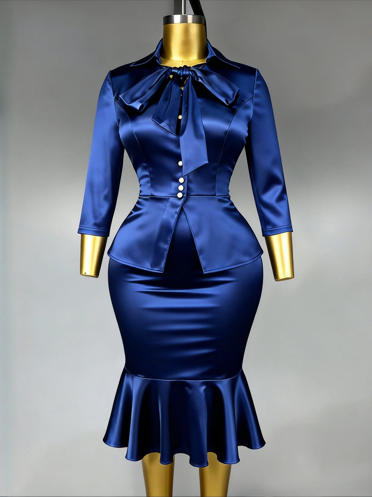 Elegant Satin Two Piece Set Bow Tie Puff Sleeves Blouse Package Hip Mermaid Skirt Weddings Office Church Formal Events Gowns