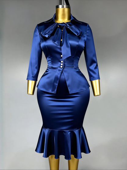 Elegant Satin Two Piece Set Bow Tie Puff Sleeves Blouse Package Hip Mermaid Skirt Weddings Office Church Formal Events Gowns