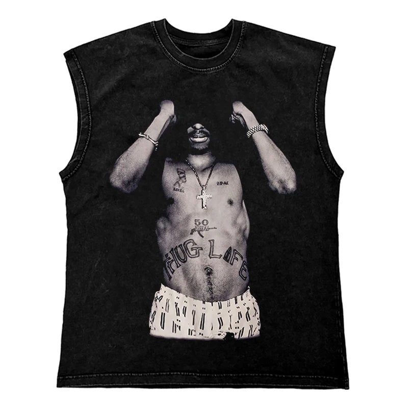 Washed Hip Hop Streetwear  Men T Shirt, Oversized Cotton Graphic Portrait Tank Tops
