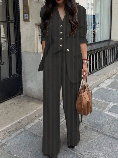 3 Piece Sets Women's Casual  Striped Jacket, Pants, Vest 3-Piece Suit Set, Spring/Summer