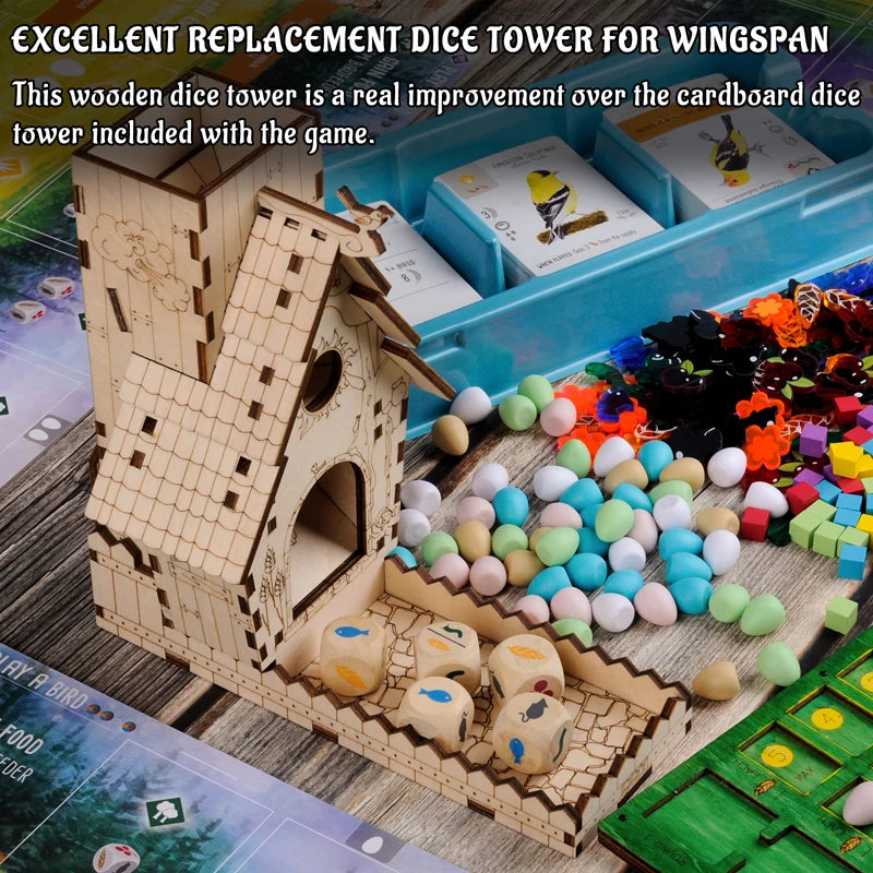 Bird Feeder Dice Tower with Tray, Wood Laser Cut Perfect for Wingspan, and Other Tabletop Games