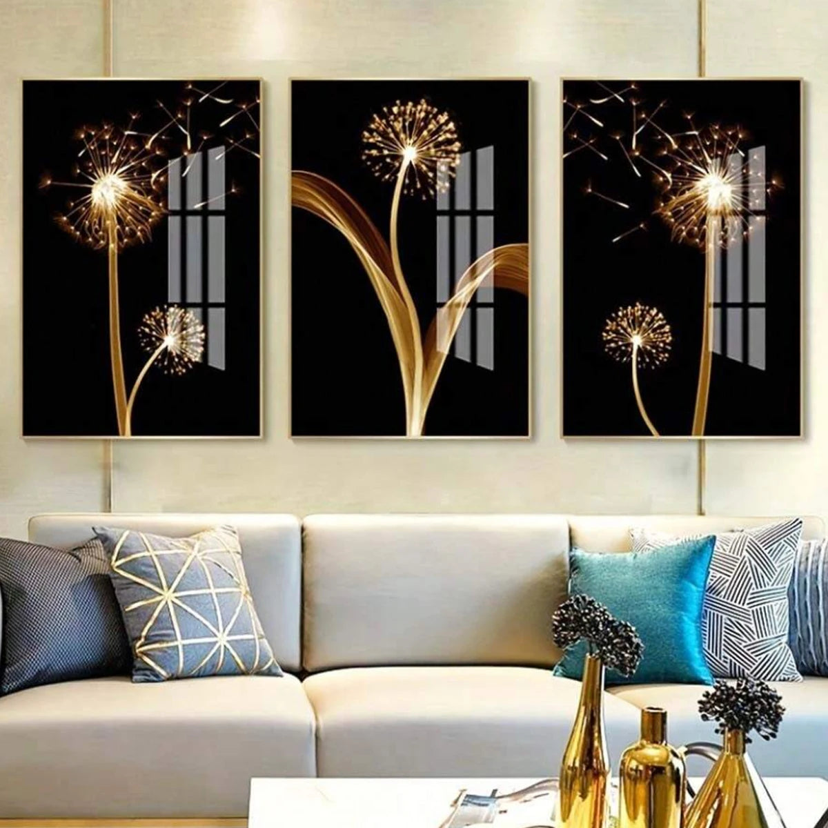 3pcs, Abstract, Golden, Dandelion Luxury Wall Art Canvas Painting, Suitable For Living Room Painting Decor, Unframed, Poster Gifts