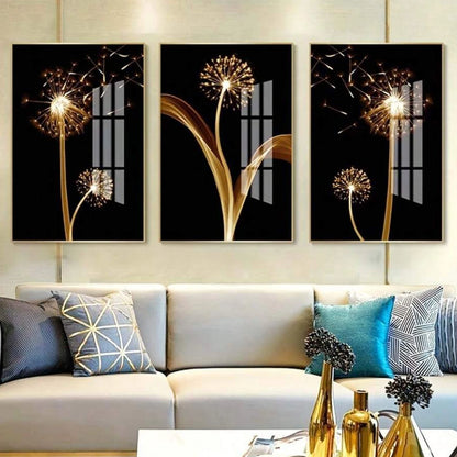 3pcs, Abstract, Golden, Dandelion Luxury Wall Art Canvas Painting, Suitable For Living Room Painting Decor, Unframed, Poster Gifts