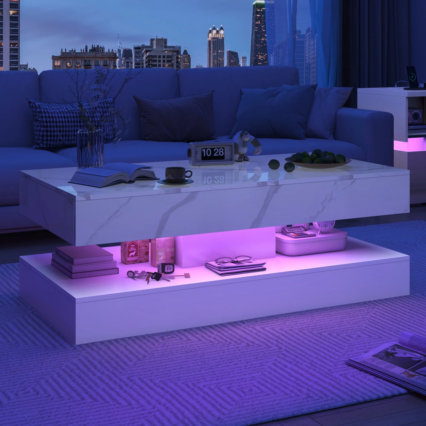 Modern Stylish Coffee Table with LED lights, Double-Layer Design for Living Room, Coffee Table with 2 Storage Drawers