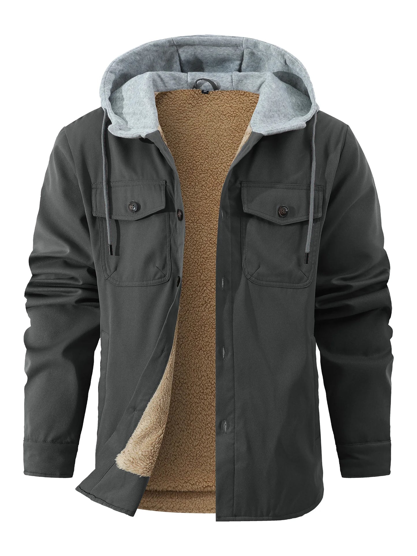 Men's Fleece-Lined Winter Hooded Jacket- Button-Front,  with Dual Chest Pockets,