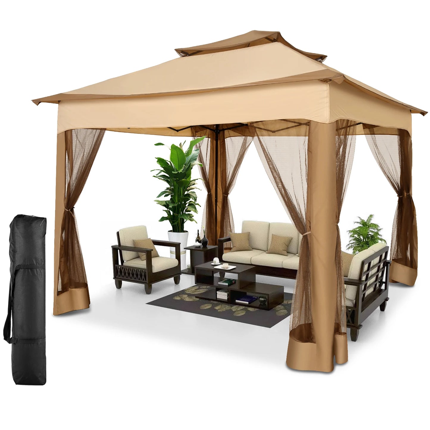 11x11 Pop Up Gazebo, One-Push Canopy Tent with Mosquito Nettings, 10x10 Outdoor Canopy Shelter with Double Roof Ventiation