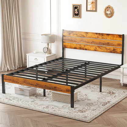 MCQ Wooden Headboard, and Metal Platform Bed Frame, No Box Spring Needed with 700LBS Sturdy Wooden Slats Support For Home