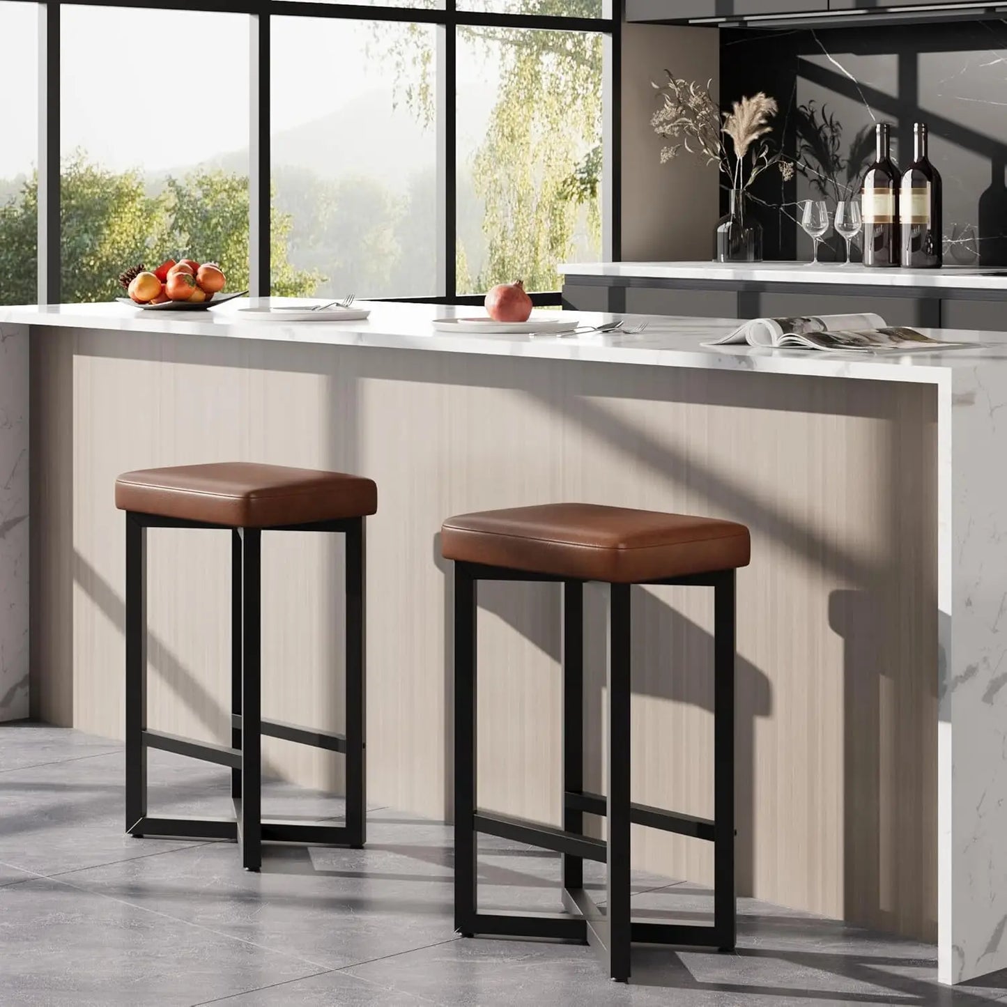 2PCS 24" Bar Stools Set, Counter Height Backless Barstools with Metal X-Frame, PU Leather Seats for Home Kitchen Bar Dining Room