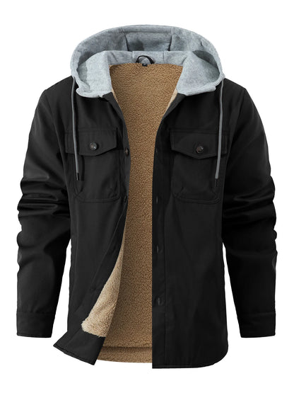 Men's Fleece-Lined Winter Hooded Jacket- Button-Front,  with Dual Chest Pockets,