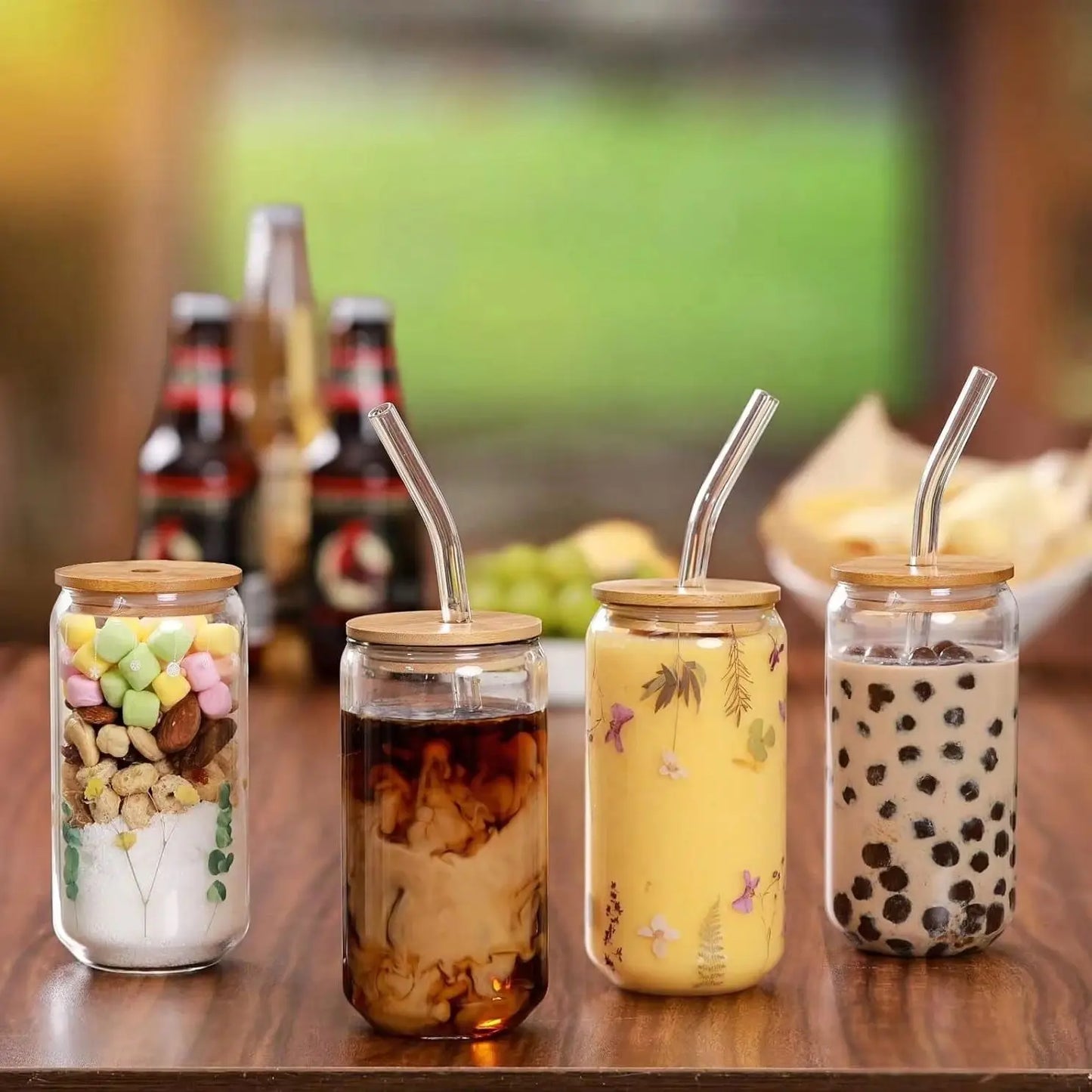 4PCS 16OZ Glass\Cups With Bamboo Lids And Straws, Ice Coffee Cup, Home Essential Glass Tumblers For Beer, Cocktail, Tea And Latte Clear.