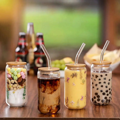 4PCS 16OZ Glass\Cups With Bamboo Lids And Straws, Ice Coffee Cup, Home Essential Glass Tumblers For Beer, Cocktail, Tea And Latte Clear.