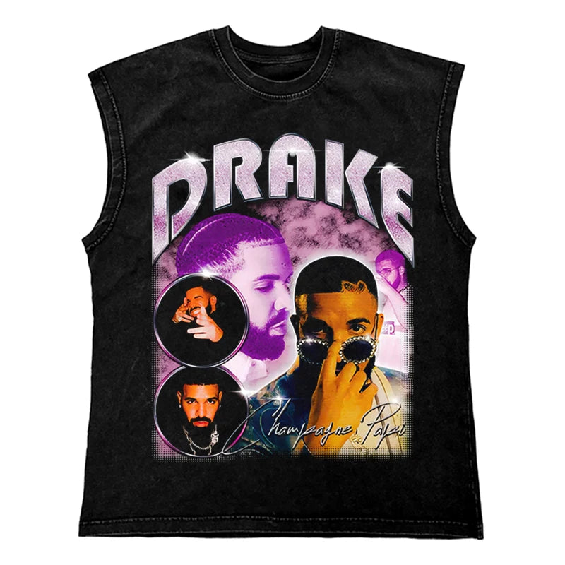 Washed Hip Hop Streetwear  Men T Shirt, Oversized Cotton Graphic Portrait Tank Tops