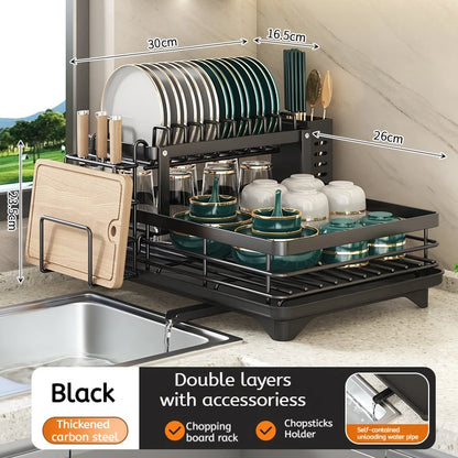 Adjustable Stainless Steel Dish Drying Rack with Drainboard - Over The Sink Plate Organizer, Kitchen