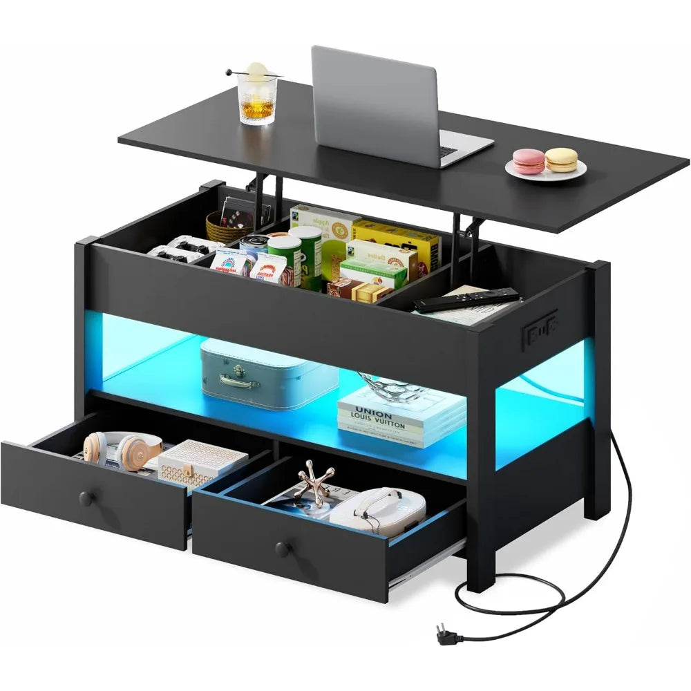 Black Lift Top Coffee Table with 2 Drawers LED Light - Large Storage Open Shelf for Living Room Modern Home Furniture