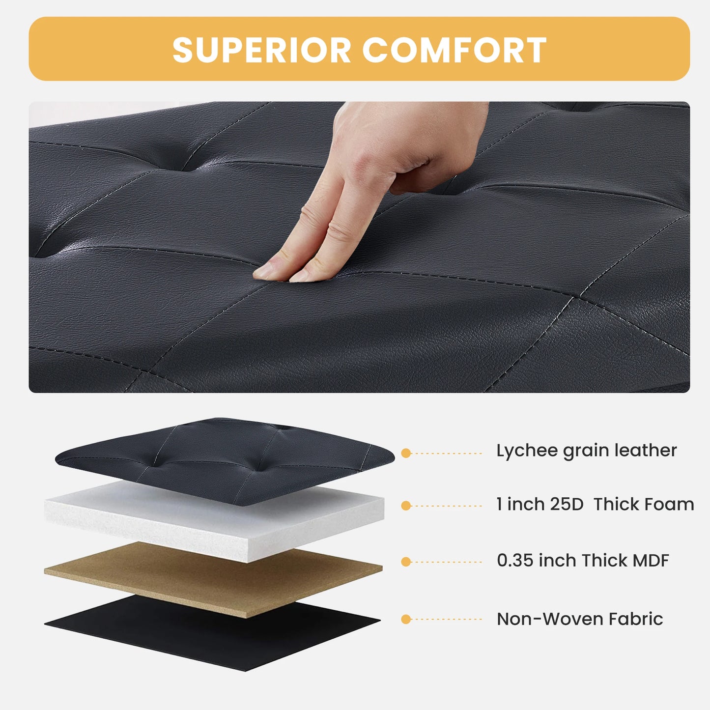 43 Inches Leather Folding Ottoman Storage, Footstool Toy Box,  Bench Load 660 lbs, Foot Rest Stool For Living Room, Storage for Bedroom