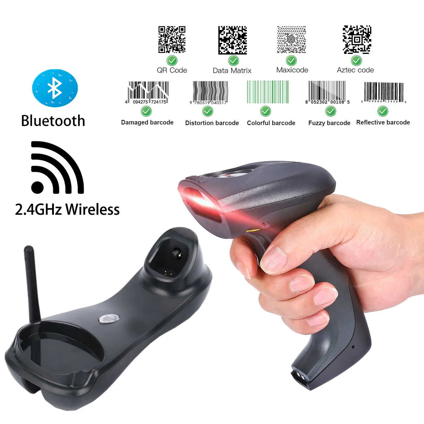 Bluetooth Hand held Barcode  QR code Scanner,1D 2D 500m Transmission Distance
