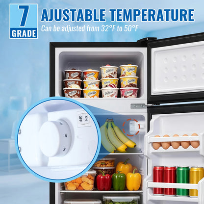 Mini Refrigerator with Top Freezer 66 Liter Dual Door, with 7-Level Adjustable Thermostat for Office, BLACK