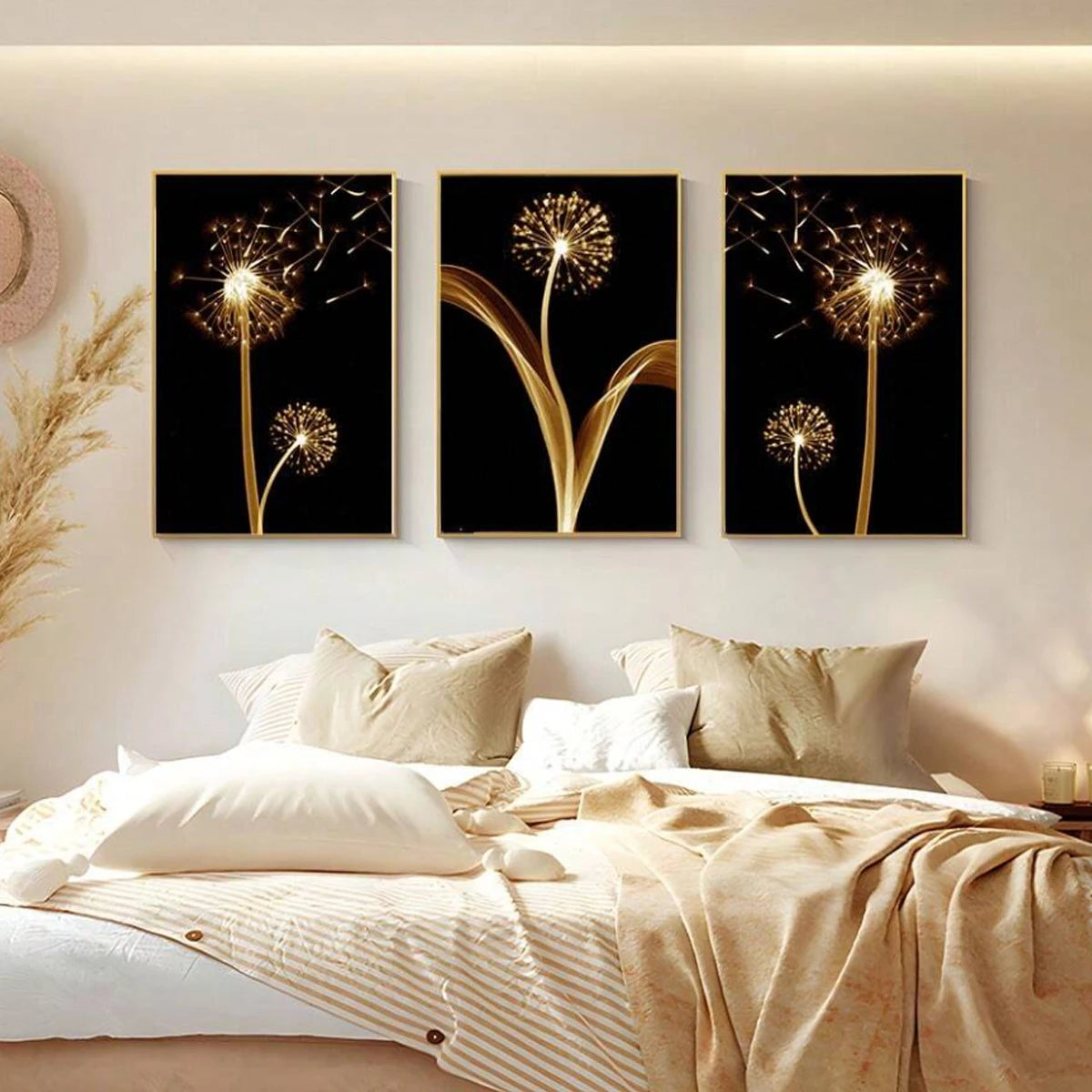 3pcs, Abstract, Golden, Dandelion Luxury Wall Art Canvas Painting, Suitable For Living Room Painting Decor, Unframed, Poster Gifts