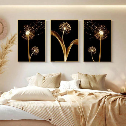 3pcs, Abstract, Golden, Dandelion Luxury Wall Art Canvas Painting, Suitable For Living Room Painting Decor, Unframed, Poster Gifts