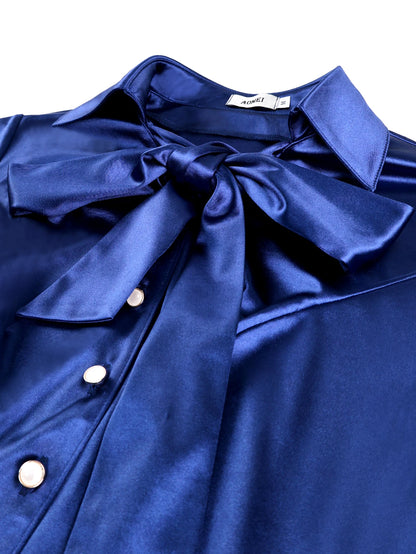 Elegant Satin Two Piece Set Bow Tie Puff Sleeves Blouse Package Hip Mermaid Skirt Weddings Office Church Formal Events Gowns