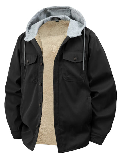 Men's Fleece-Lined Winter Hooded Jacket- Button-Front,  with Dual Chest Pockets,