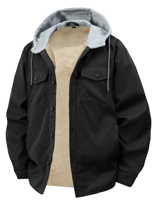 Men's Fleece-Lined Winter Hooded Jacket- Button-Front,  with Dual Chest Pockets,