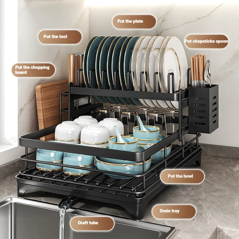 Adjustable Stainless Steel Dish Drying Rack with Drainboard - Over The Sink Plate Organizer, Kitchen