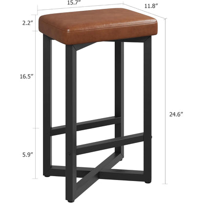 2PCS 24" Bar Stools Set, Counter Height Backless Barstools with Metal X-Frame, PU Leather Seats for Home Kitchen Bar Dining Room