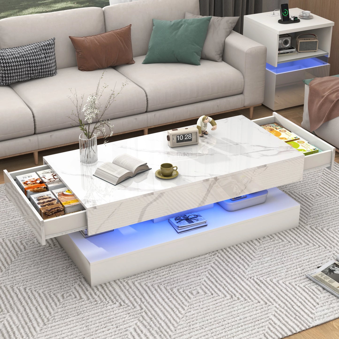 Modern Stylish Coffee Table with LED lights, Double-Layer Design for Living Room, Coffee Table with 2 Storage Drawers