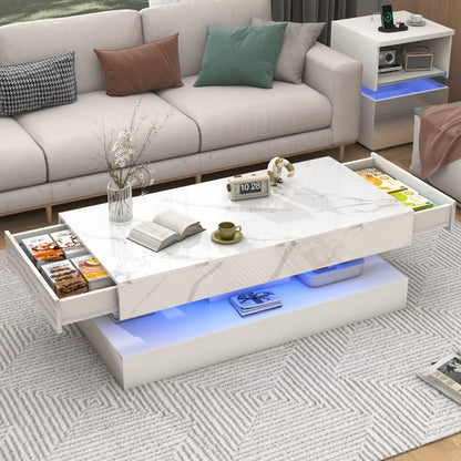 Modern Stylish Coffee Table with LED lights, Double-Layer Design for Living Room, Coffee Table with 2 Storage Drawers