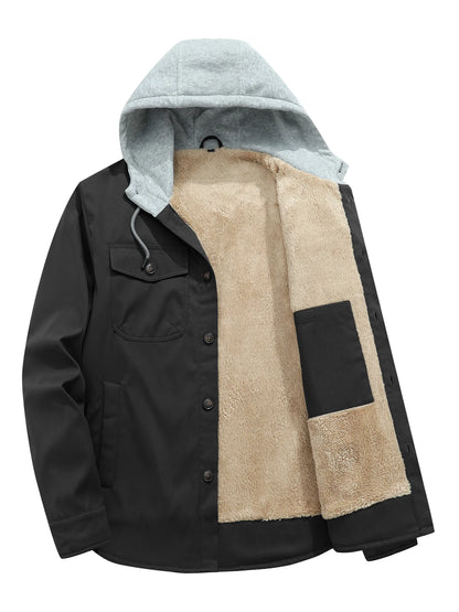 Men's Fleece-Lined Winter Hooded Jacket- Button-Front,  with Dual Chest Pockets,