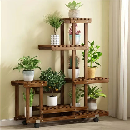Multi-Layer Wood Plant Stand Rack, Outdoor Indoor Rolling Flower Pot Holder with Wheels
